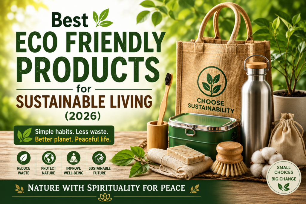 Best eco friendly products for sustainable living with reusable bottle, bamboo toothbrush, cotton shopping bag and sustainable living tips to reduce waste